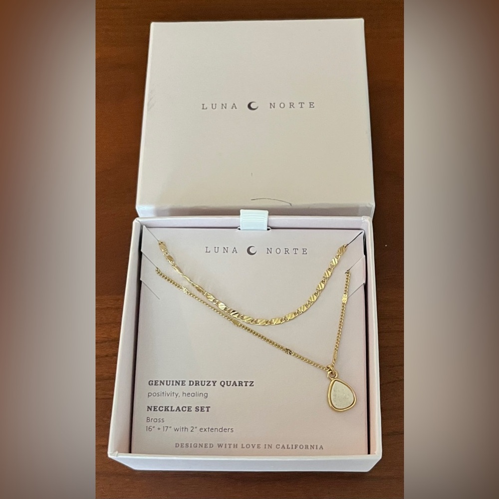 Gold Druzy Quartz Teardrop Necklace Set by Luna Norte NWT - Picture 3 of 3